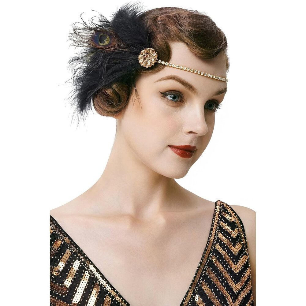 1920s Flapper Headband Art Deco Feather Crystal Rhinestones Gatsby Party